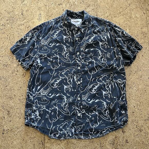 Corridor New York Stallion Horse Print Short Sleeve Button Up Shirt Large - Picture 1 of 6